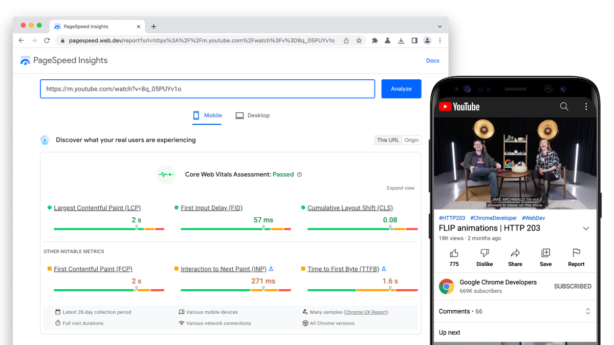 PageSpeed Insights की रिपोर्ट में, YouTube मोबाइल वेब की Chrome UX रिपोर्ट का डेटा दिखाया जा रहा है. यह डेटा, वेबसाइट की परफ़ॉर्मेंस की अहम जानकारी के थ्रेशोल्ड को पार कर रहा है.