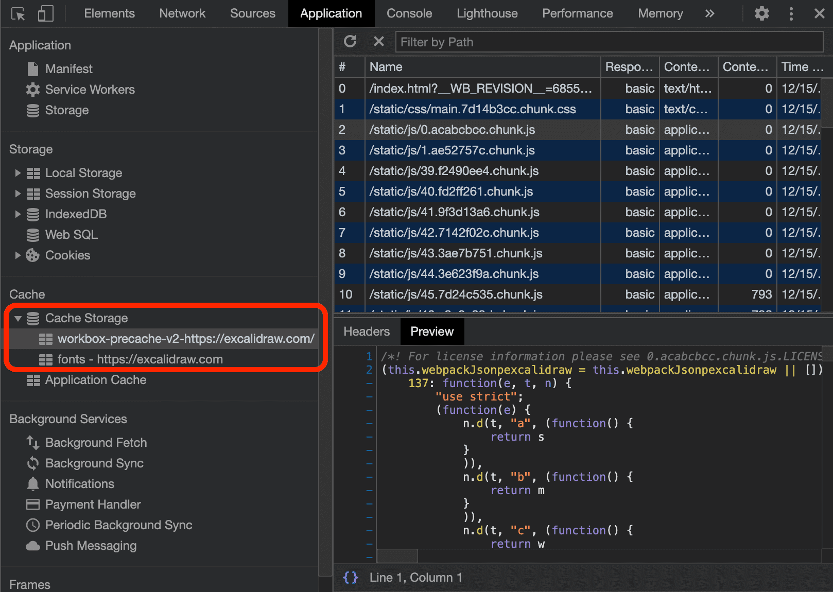 Pestaña Aplicación de las Herramientas para desarrolladores de Chrome que muestra las dos cachés de Excalidraw.
