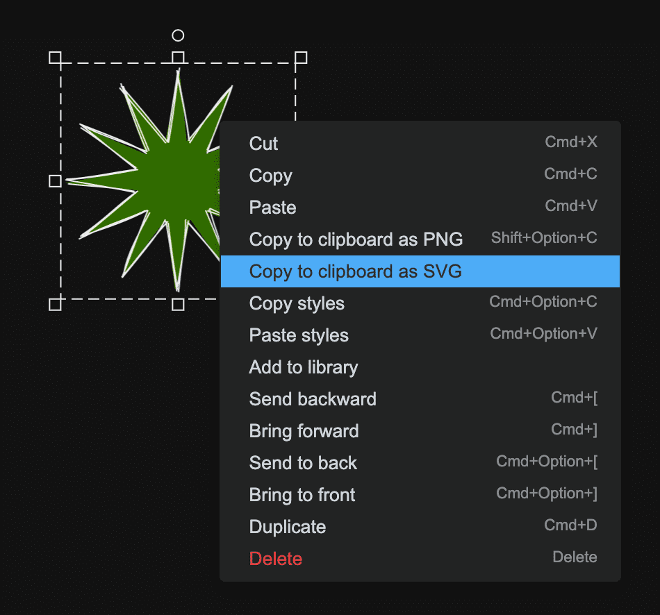 Kontextmenü „Excalidraw“ mit „In Zwischenablage als SVG kopieren“ und wählen Sie die Option zum Kopieren in die Zwischenablage als PNG-Datei aus. Menüpunkte.