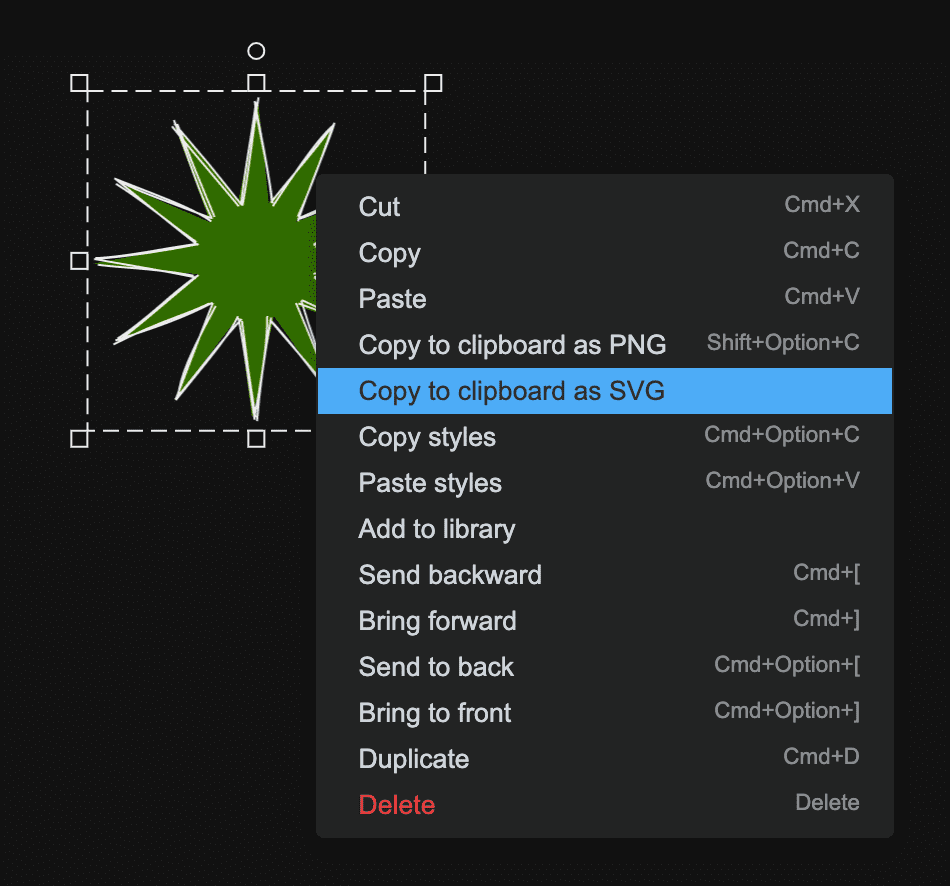 Excalidraw 上下文菜单，其中显示“以 SVG 形式复制到剪贴板”和“以 PNG 形式复制到剪贴板”菜单项。