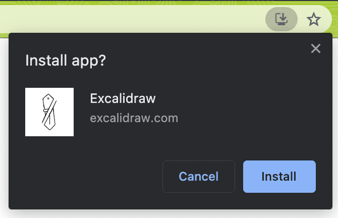 Excalidraw, kullanıcıdan macOS'te Chrome'a uygulamayı yüklemesini ister.
