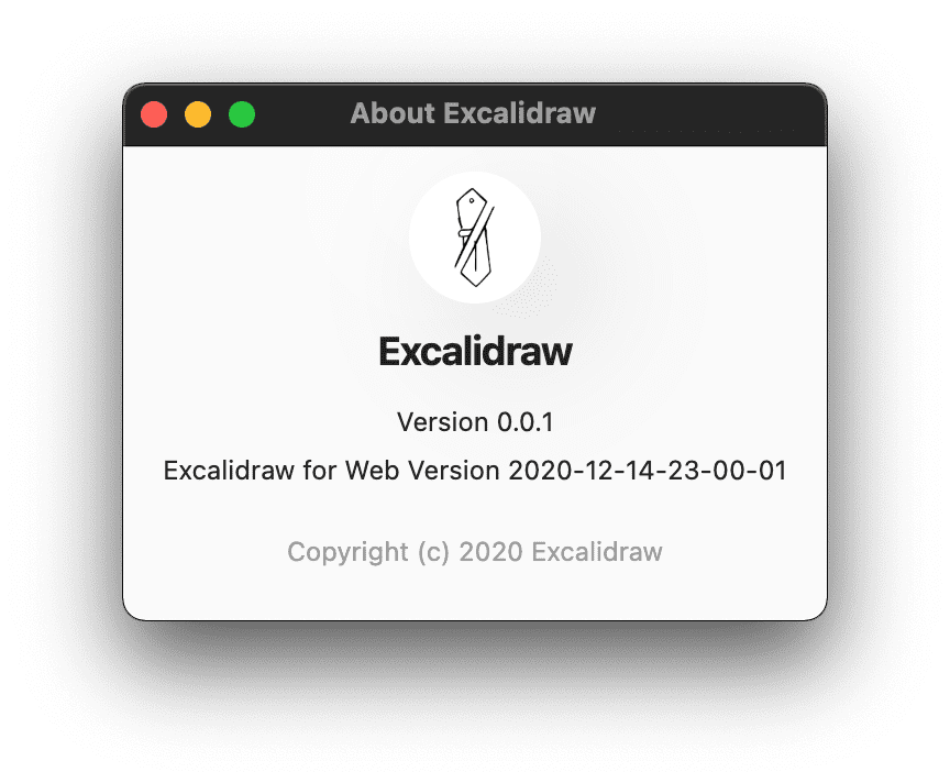 The Excalidraw Desktop 'About' window displaying the version of the Electron wrapper and the web app.