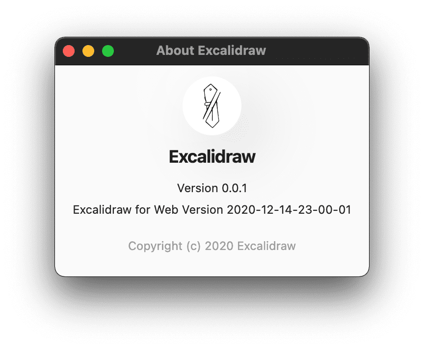 &quot;À propos&quot; d&#39;Excalidraw Desktop fenêtre affichant la version du wrapper Electron et l&#39;application Web.