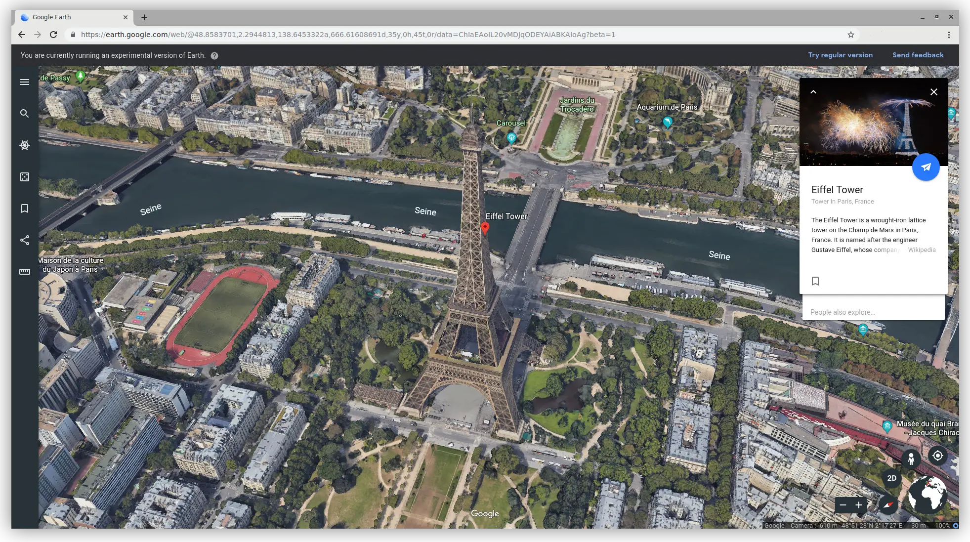 Screenshot Earth yang menampilkan Menara Eiffel