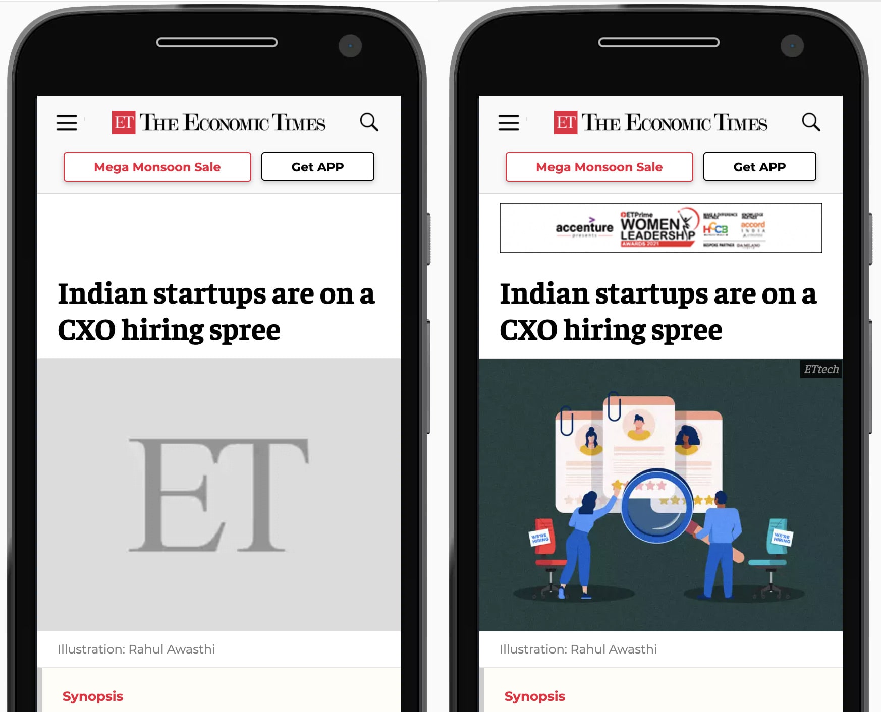 مقایسه ای کنار هم از وب سایت The Economic Times همانطور که در تلفن همراه نشان داده شده است. در سمت چپ، یک متغیر خاکستری برای تصویر قهرمان مقاله رزرو شده است. در سمت راست، مکان نگهدار با تصویر بارگذاری شده جایگزین می شود.