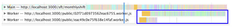 Screenshot eines Bereichs „Leistung“ in den Chrome-Entwicklertools, auf dem zu sehen ist, dass Scripting jetzt auf einem Web Worker und nicht im Hauptthread ausgeführt wird.