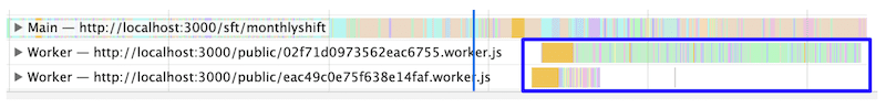 スクリプトがメインスレッドではなくウェブワーカーで行われるようになったことを示す、Chrome DevTools の [パフォーマンス] パネルの記録のスクリーンショット。
