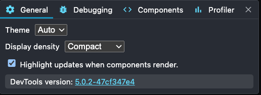 React Developer Tools 中的“设置”面板,其中“在组件渲染时突出显示更新”复选框处于选中状态。