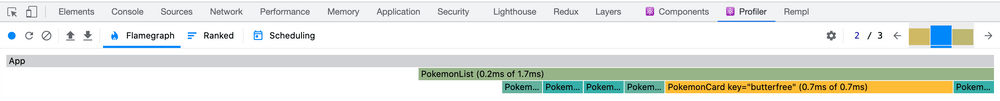 The React Developer Tools profiler showing a flame graph where colors indicate rendering time, with shades of blue representing shorter times and shades of orange/red representing longer times.