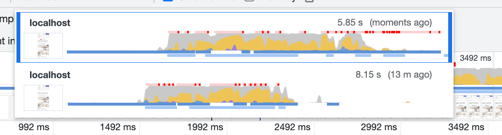 Chrome DevTools のメインスレッドのスナップショット 2 つ。上のスナップショットは最適化前の長いタスクの数を示し、下のスナップショットは不要な再レンダリングを削除した後の長いタスクの数を示しています。