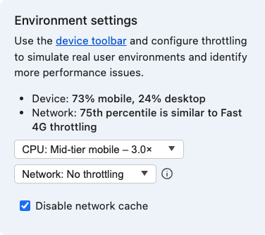 L'onglet "Performances" des outils de développement Google Chrome affichant le menu déroulant de ralentissement du processeur avec des options telles que "Ralentissement x4" et "Ralentissement x6".