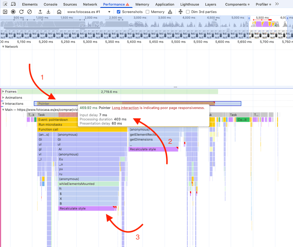 프로파일러에 긴 작업이 표시된 Google Chrome DevTools의 성능 탭. 세부정보에는 높은 INP를 유발하는 두 번의 스타일 재계산이 표시되어 있습니다.