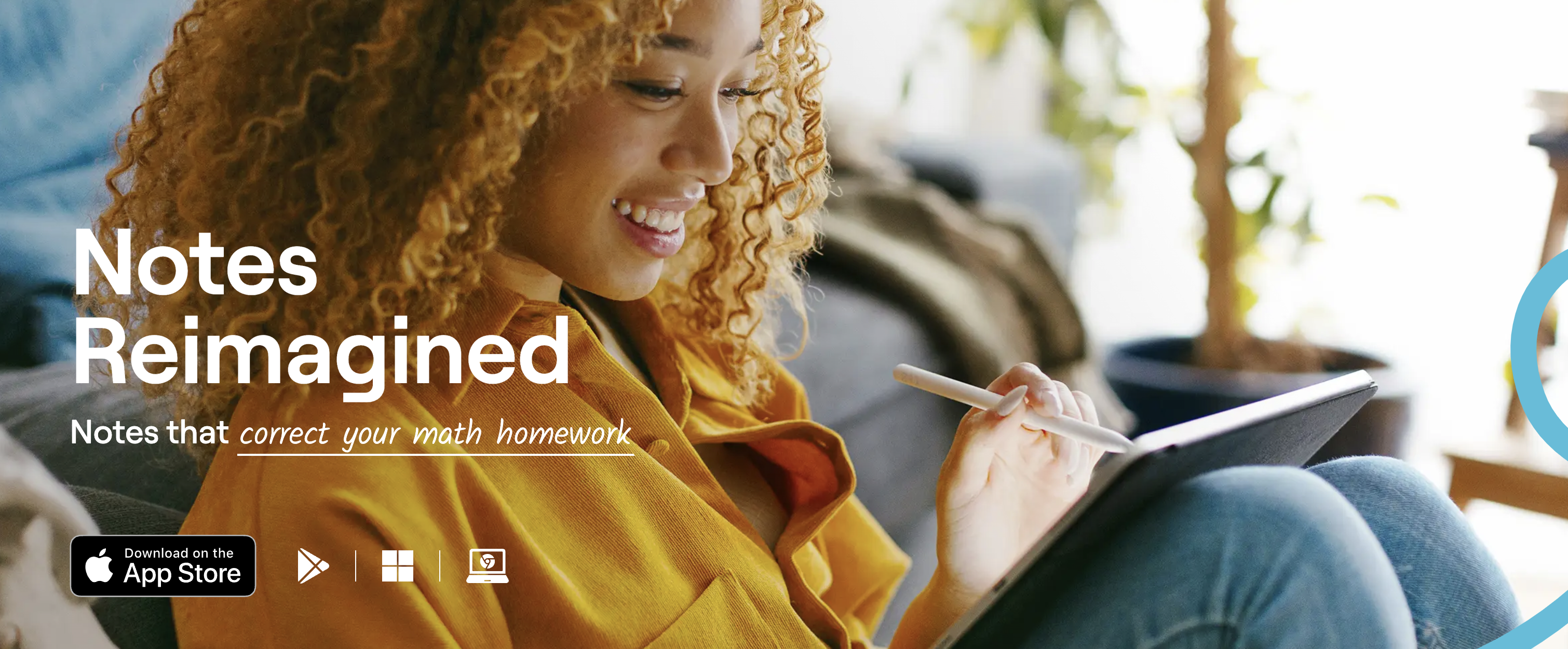 Gambar pemasaran Goodnotes yang menampilkan seorang perempuan sedang menggunakan produk di iPad.