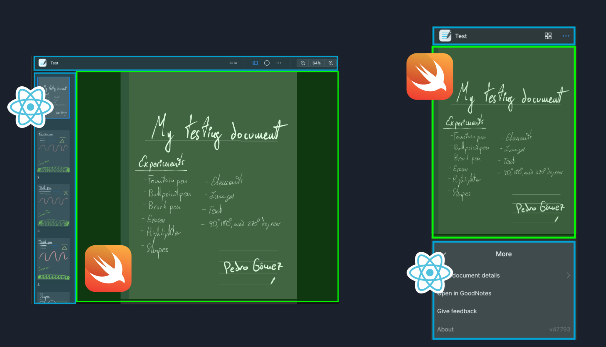 App screenshots on mobile and desktop showing the particular drawing areas being driven by Wasm, and the UI areas driven by React.