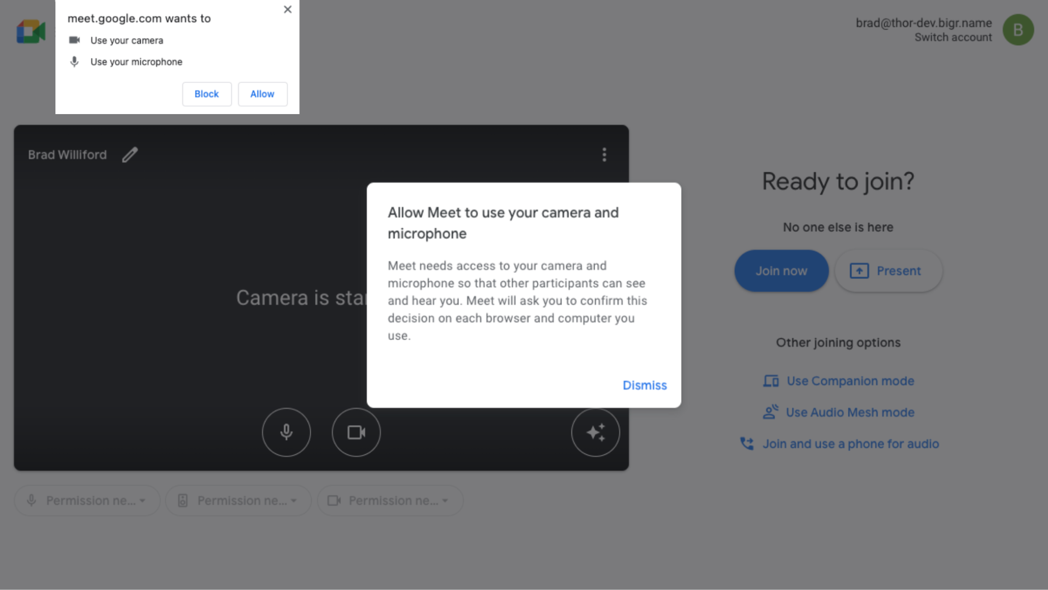 Google Meet just before joining a meeting. The camera and microphone permission prompt is shown, and a separate dialog asks the user if they want to allow Meet to use the camera and the microphone.