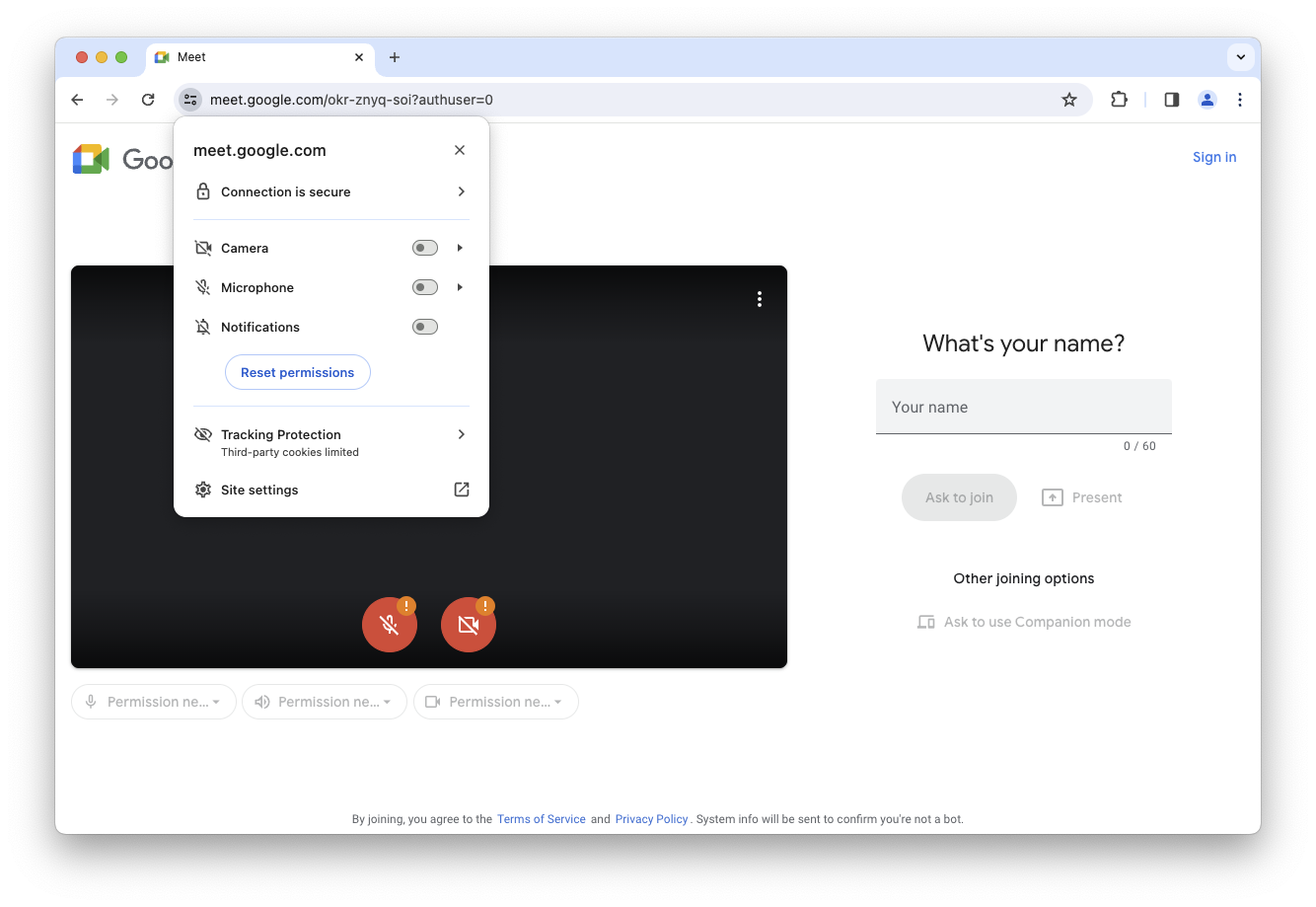 กล่องโต้ตอบการตั้งค่าเว็บไซต์ใน Chrome จะเปิดขึ้นสําหรับแอป Meet ซึ่งช่วยให้รีเซ็ตสิทธิ์ได้