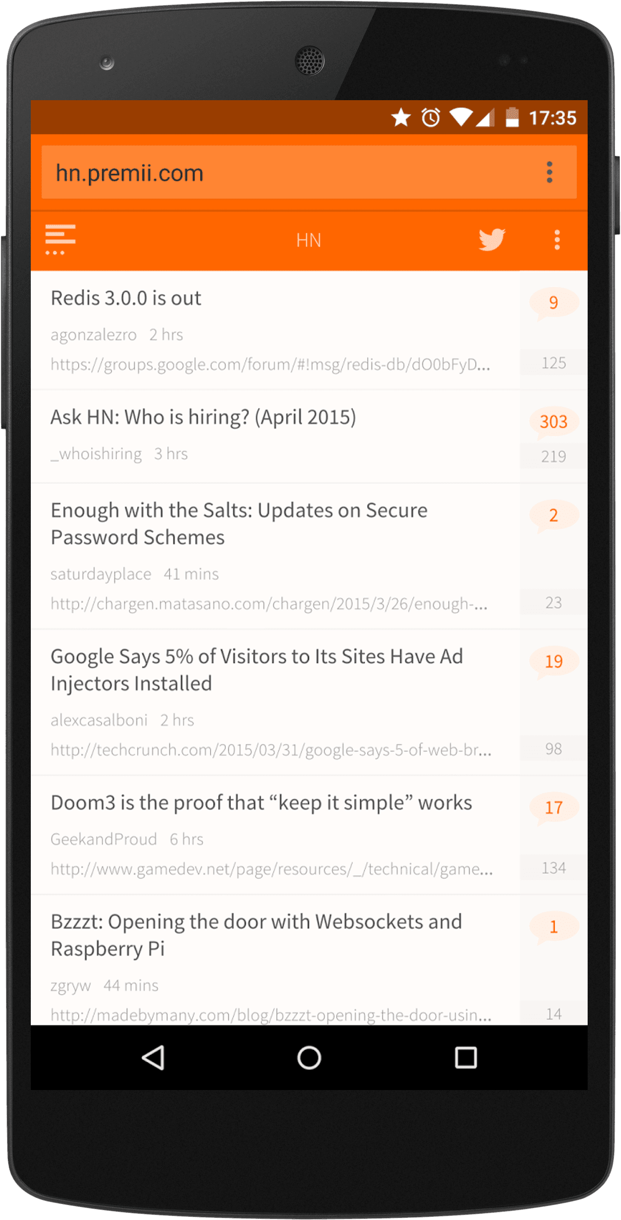 Capture d&#39;écran du lecteur de flux &quot;Hacker News&quot;