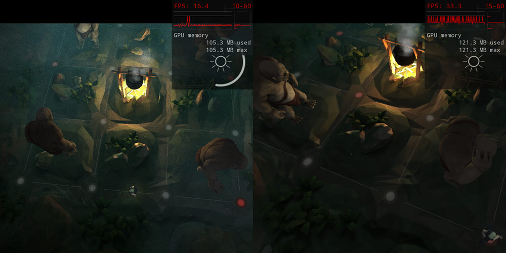 Nexus 10 でキャンバス スケーリングなしの同じシーン（16 FPS）と 50% にスケーリングしたシーン（33 FPS）