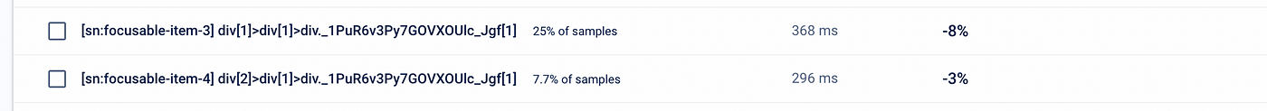 Uma captura de tela de uma lista de elementos, de acordo com o atributo focusKey, com a latência de interação de cada um.