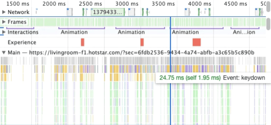 사내 캐러셀이 시작되는 작업을 위한 Chrome DevTools의 성능 패널 스크린샷입니다. 서드 파티 캐러셀에 비해 긴 작업이 훨씬 적기 때문에 상호작용이 더 빠르게 이루어집니다.