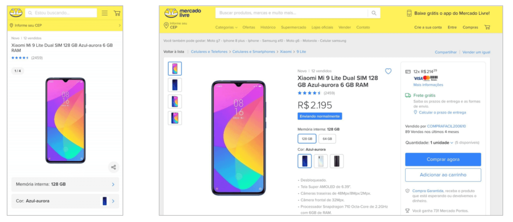 Mobile and Desktop versions of a Mercado Libre product detail page.
