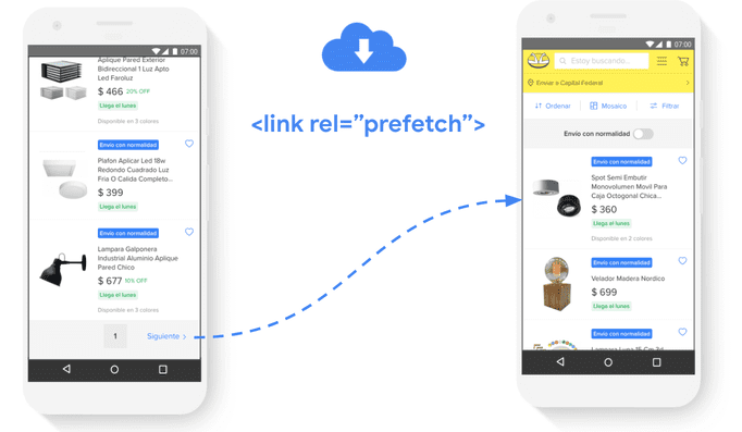 MercadoLibre의 목록 페이지 1과 2와 두 페이지를 연결하는 Link Prefetch 태그의 스크린샷
