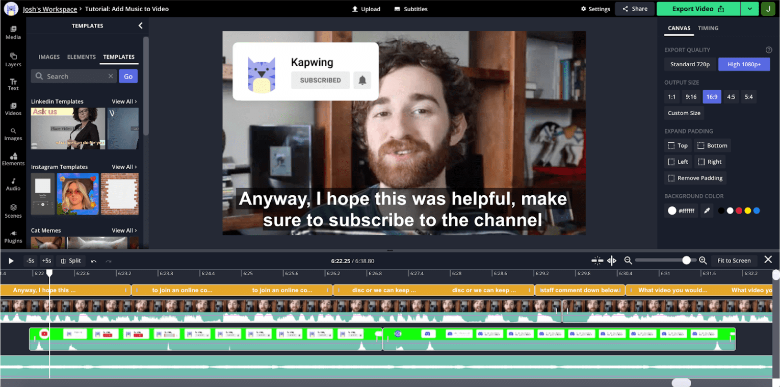 Der Editor von Kapwing bietet ein Menü für Medien, darunter mehrere Vorlagen und benutzerdefinierte Elemente, darunter einige Vorlagen, die für bestimmte Plattformen wie LinkedIn spezifisch sind, eine Zeitleiste, die Video, Audio und Animation voneinander trennt, einen Canvas-Editor mit Optionen für die Exportqualität, eine Videovorschau und weitere Funktionen.