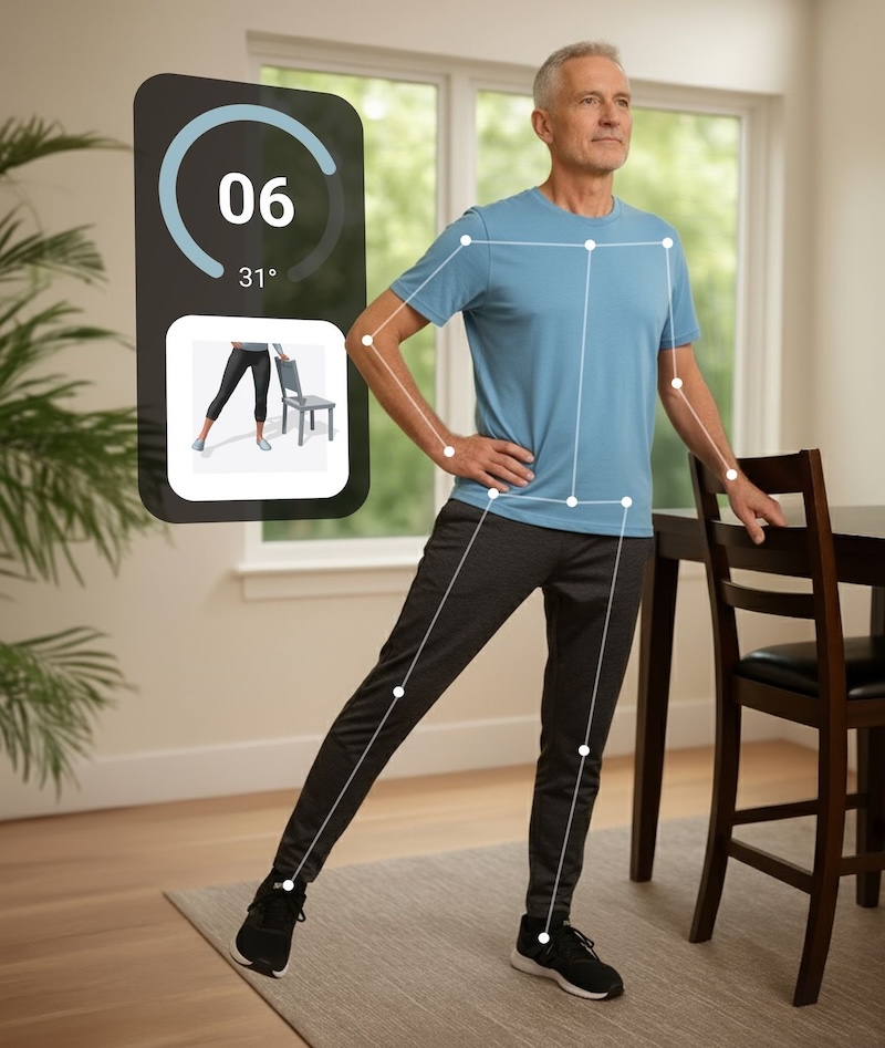 A LainaHealth patient performs hip abduction with the app UI.
