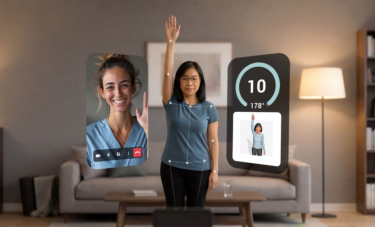 Un patient LainaHealth effectue une abduction de l'épaule avec l'UI de l'application.