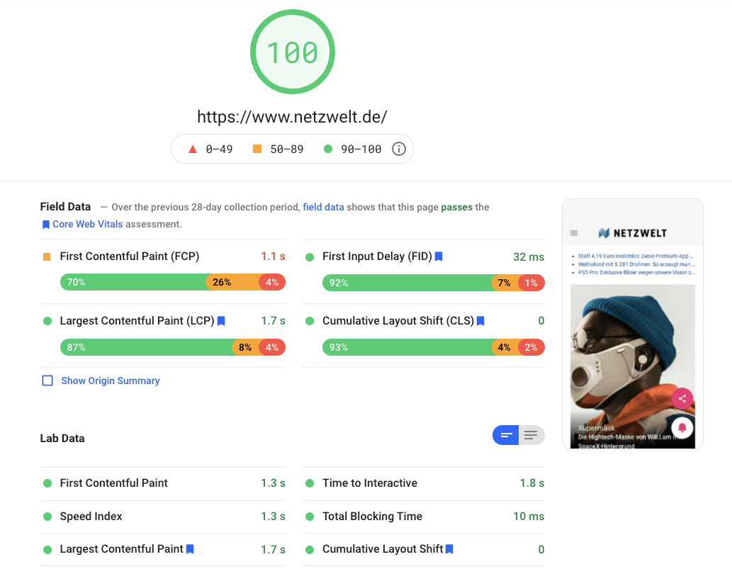 Captura de pantalla de PageSpeed Insights para el sitio Netzwelt.de, donde se muestra una puntuación de 100.