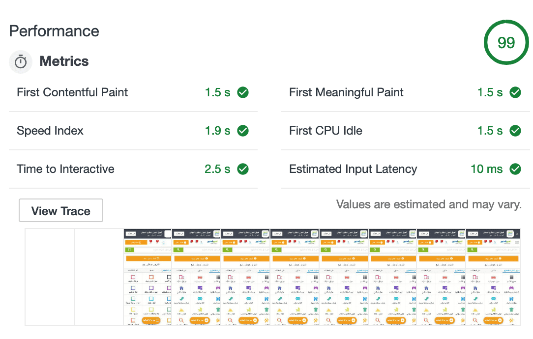 Captura de pantalla de las métricas de rendimiento de Lighthouse para la AWP de OpenSooq.