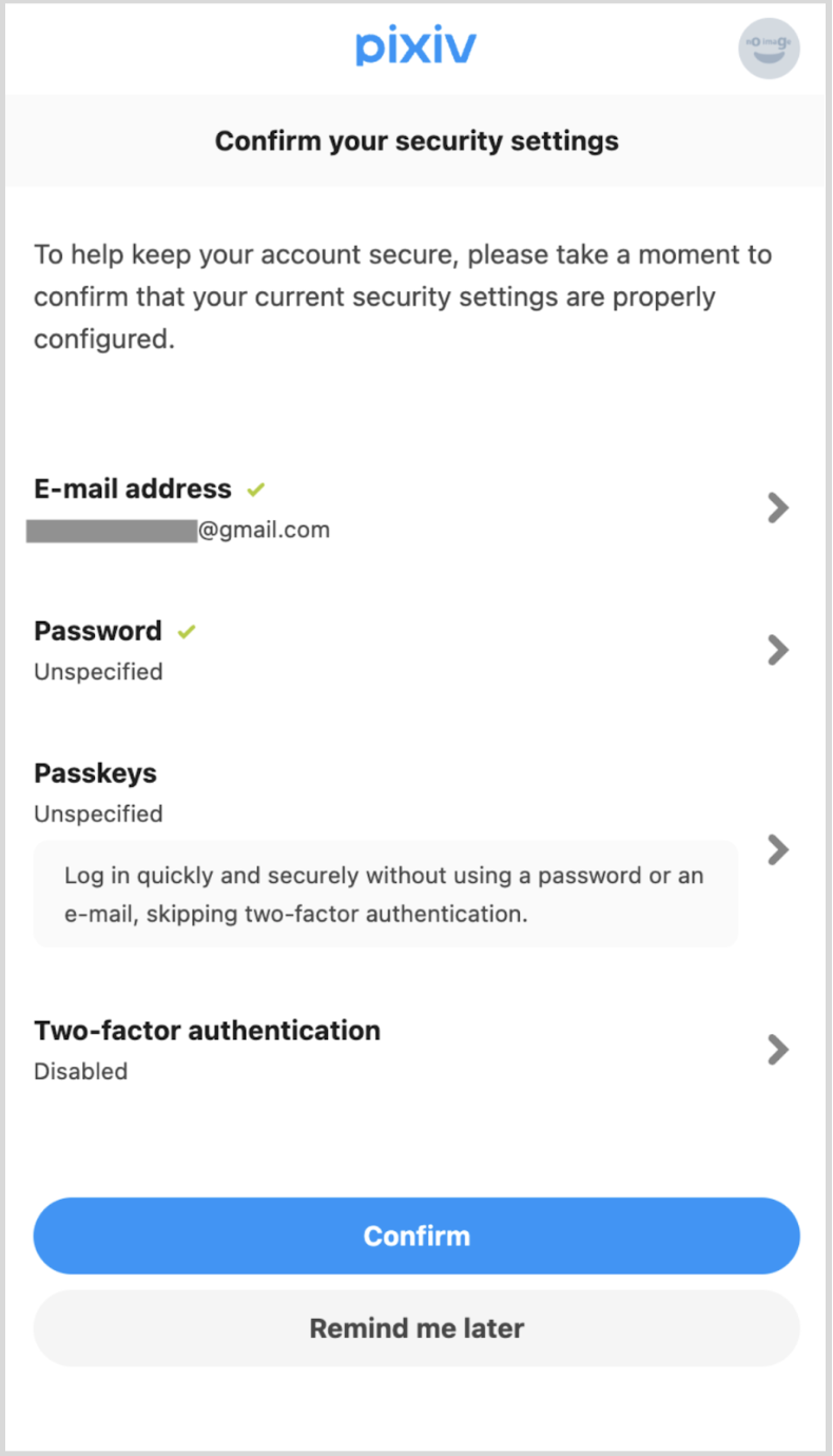 Écran de confirmation de sécurité pixiv sur un appareil mobile. Il recommande de configurer une clé d'accès pour une connexion plus rapide et plus sécurisée, avec un bouton bleu "Essayer les clés d'accès" bien visible.