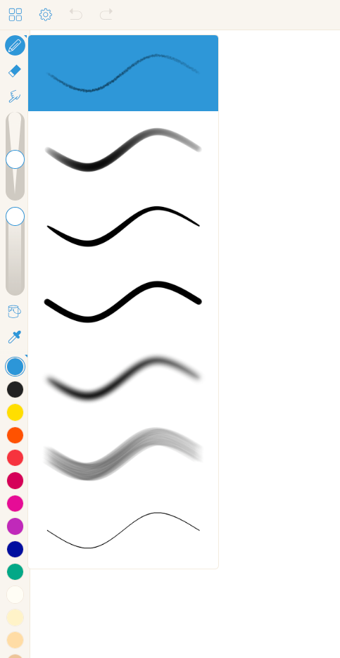 The seven different brushes in pixiv ranging from fine to coarse, sharp to unsharp, pixelated to smooth, etc.