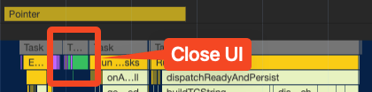 A screenshot of the Performance panel in Chrome DevTools, showing a section of a trace with a call stack of activity to close a UI dialog in the PubConsent CMP. The task to close the UI dialog itself triggers removal of DOM nodes that add to the interaction's presentation delay.