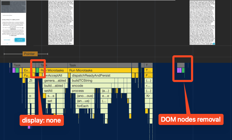 A screenshot of the Performance panel in Chrome DevTools, showing the same trace as before, but optimized. When the PubConsent CMP's dialog is closed, the initial action is to hide it using the CSS display: none rule. Then, when the browser is idle later on, the DOM node removal is performed.