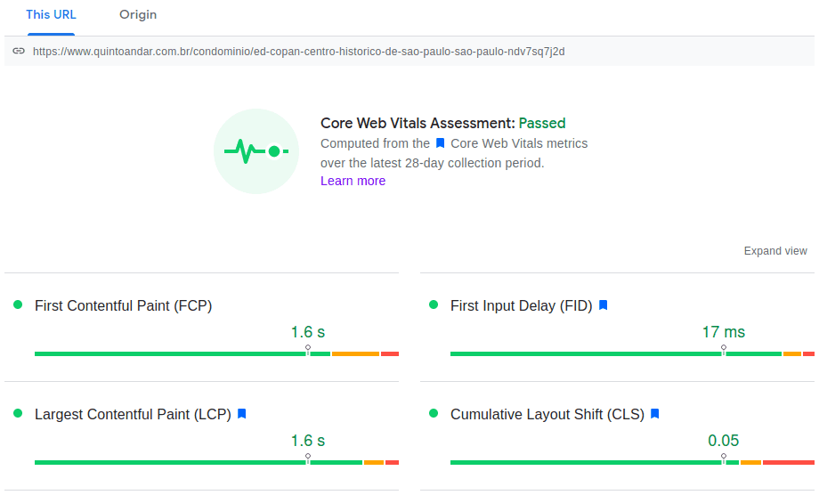 Captura de pantalla del informe de PageSpeed Insights en la sección Datos de campo. Todas las métricas de Métricas web esenciales (FCP, FID, LCP, CLS) se encuentran en el bucket.