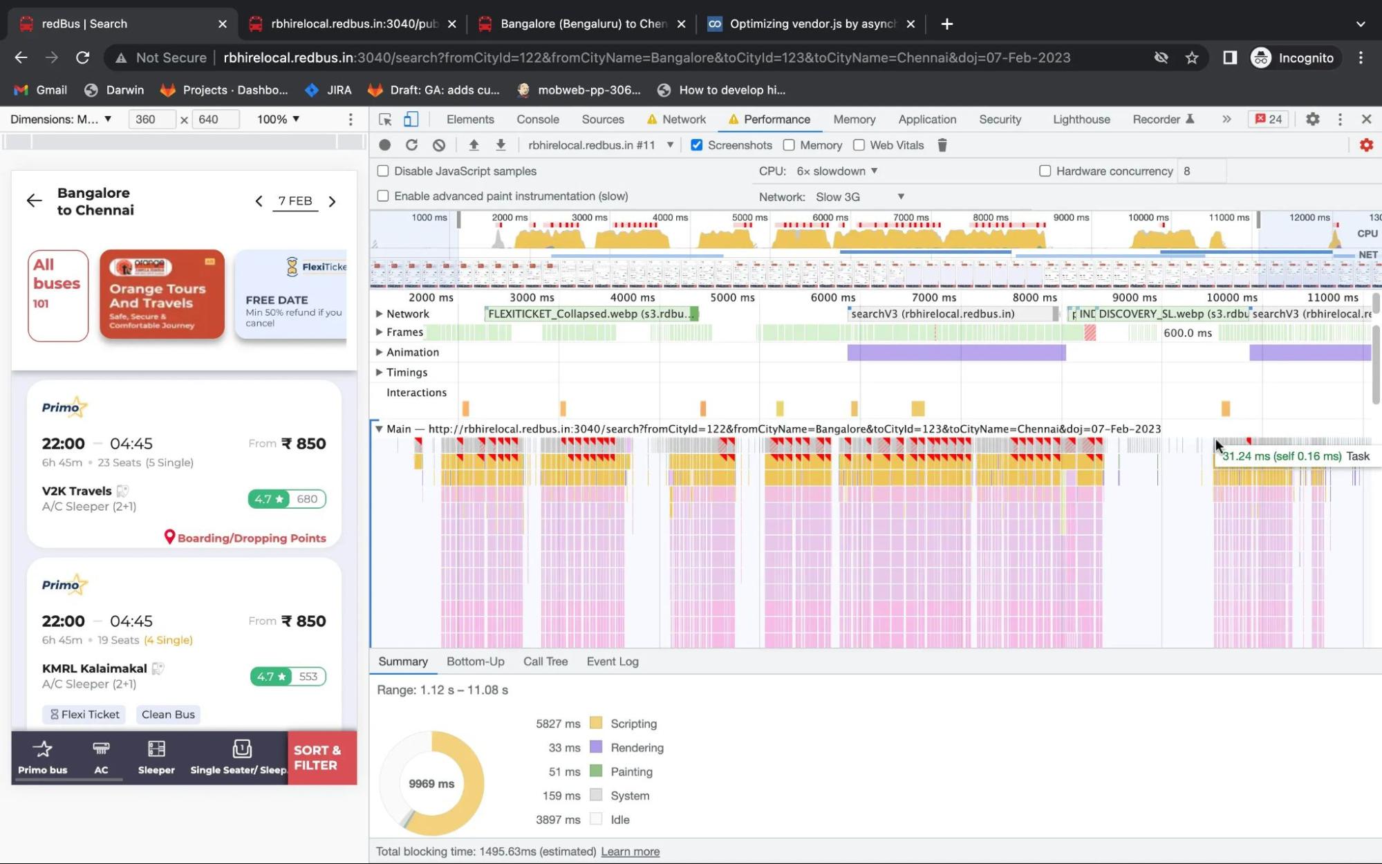 Screenshot des Leistungsbereichs in den Chrome-Entwicklertools, auf dem zu sehen ist, dass die Website von redBus Callbacks für Scroll-Ereignisse auslöst, die nicht entprellt werden. Das führt dazu, dass der Hauptthread blockiert wird.
