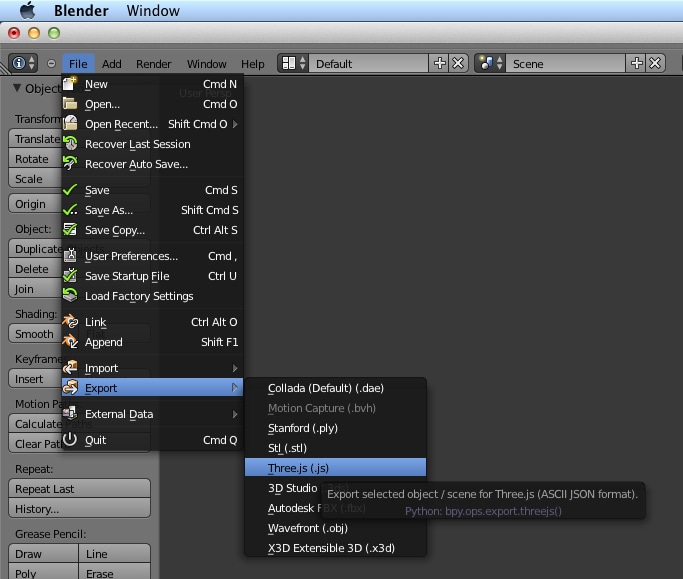 Datei als three.js-Datei exportieren