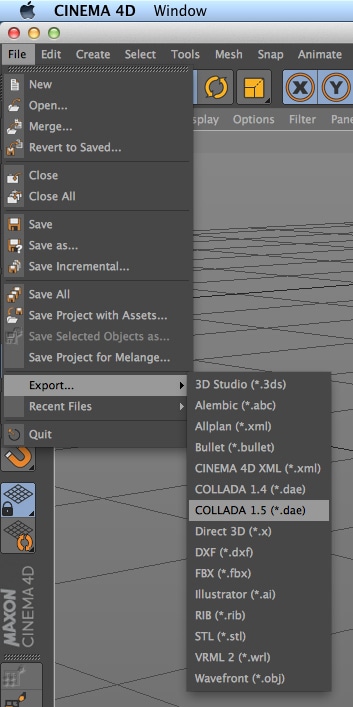 Esporta il mesh come file.dae COLLADA 1 .5.