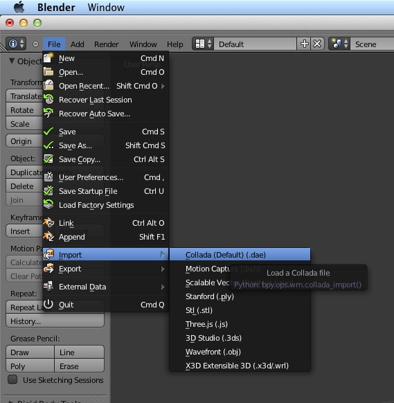 Import the Collada file into Blender.