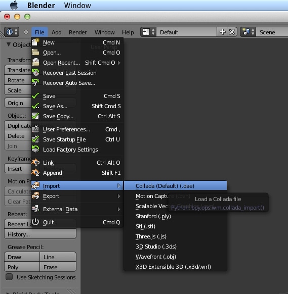 Nhập tệp Collada vào Blender.