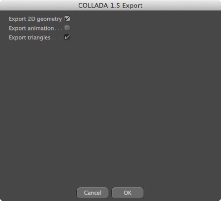 Make sure 'export 2D geometry' is checked. Exporting triangles is generally more widely supported across 3D environments on the code side, but has the downside of doubling your polygon count. The higher the polygon count, the more taxing the model will be on the computer's processor. So leave this checked off if you see slow performance.