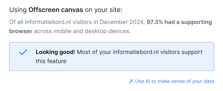 Komunikat, że 96,9% użytkowników obsługiwało tryb off-screen canvas.