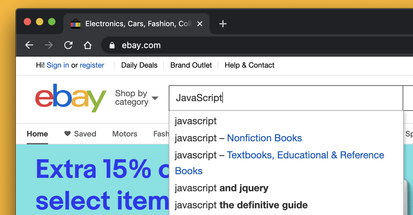تصویری از کادر جستجوی eBay که پیشنهادهای تکمیل خودکار برای یک عبارت جستجو را نمایش می دهد.