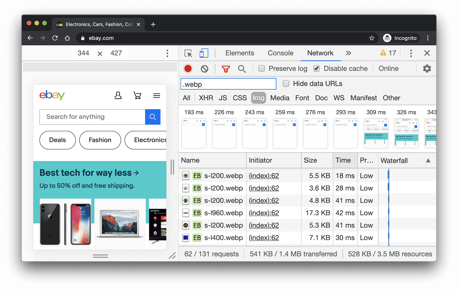 Capturas de tela do painel de rede do DevTools filtradas para mostrar as solicitações de imagem do WebP do eBay.com