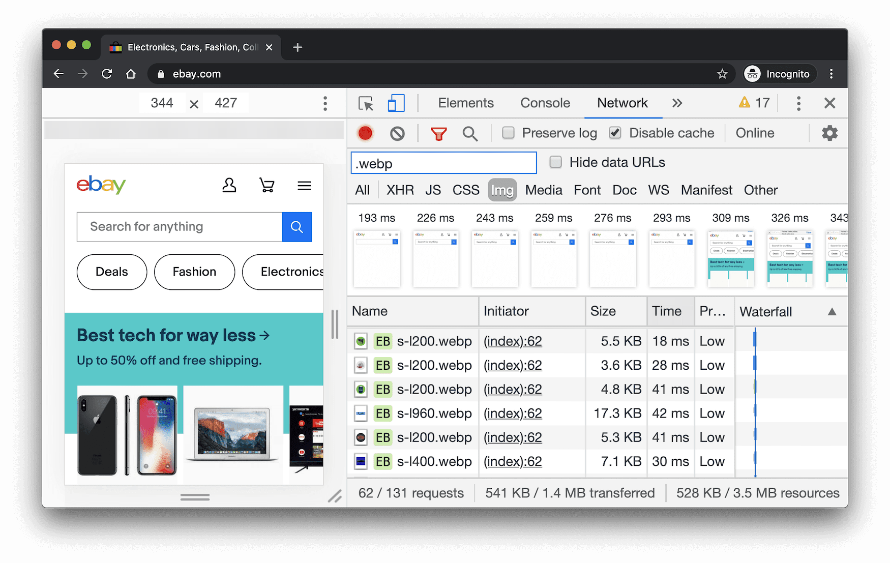 لقطات شاشة لواجهة شبكة DevTools التي تمّت فلترتها لعرض طلبات صور WebP من eBay.com