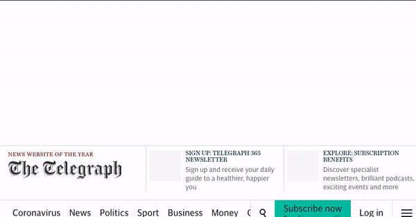 Animation of a tablet view of the Telegraph website. The placeholder slot is bigger than the ad so the content shifts up after ad loads.