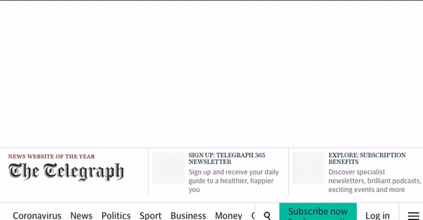 Animacja przedstawiająca stronę internetową Telegraph w wersji na tablet. Boks zastępczy jest większy niż reklama, więc po jej wczytaniu treści przesuwają się w górę.