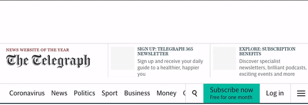 Animacja przedstawiająca widok witryny Telegraph na tablecie. Jeśli zmienna odpowiada rozmiarowi reklamy, nie ma żadnego przesunięcia układu po wczytaniu reklamy.
