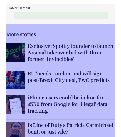 Animacja strony internetowej Telegraph. Gdy nad listą artykułów wyświetli się reklama, lista jest przesuwana w dół.